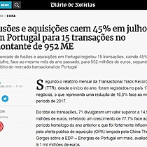 Fuses e aquisies caem 45% em julho em Portugal para 15 transaes no montante de 952 ME